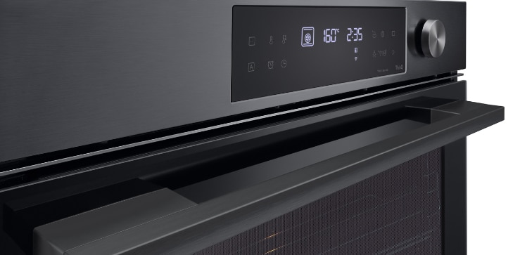 Close-up image of oven showing matte black finish.